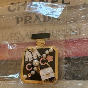 Gold-tone Black Enamel Perfume Bottle Charm with Pink Accents